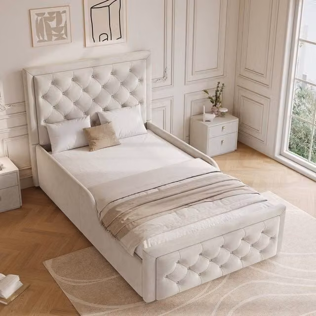 Merax Single Velvet Upholstered Bed Frame with Hydraulic Storage, Beige, W/D/H: 90 x 190 cm