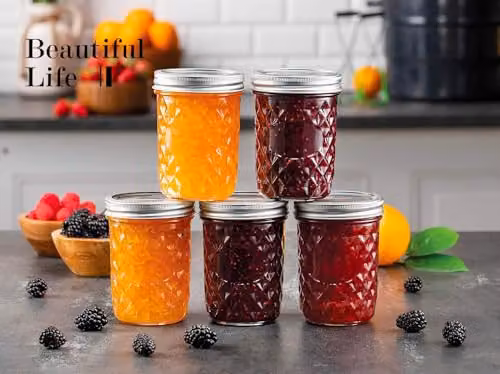 Simpa 6 Pack Quilted Geometric Glass Mason Jars with Silver Metal Airtight Lids, 475 ml – 5