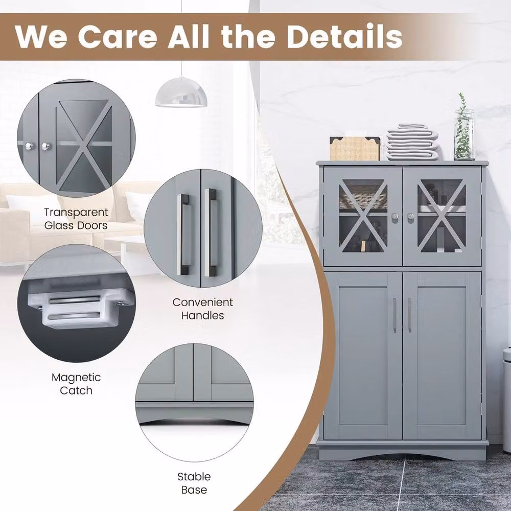 FORGEVIO Grey Freestanding Bathroom Linen Storage Cabinet with Glass Doors and Internal Shelves – 3