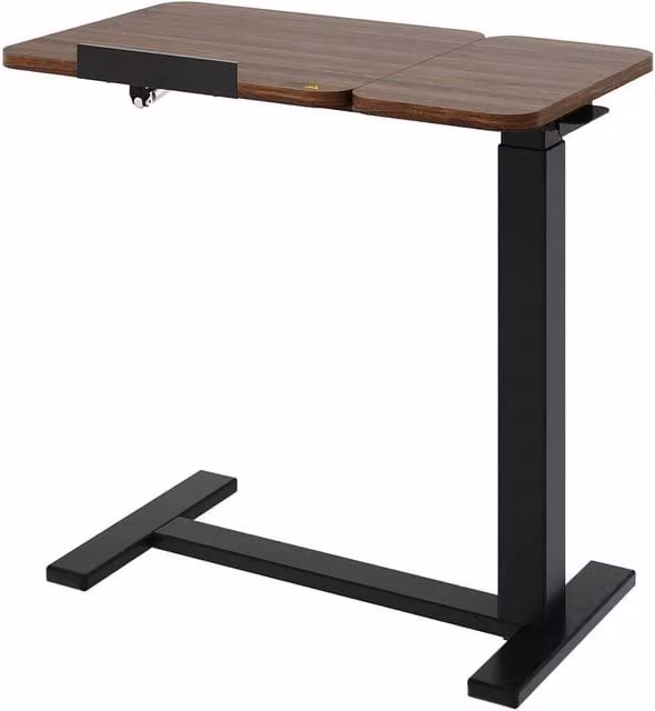 KORVIXA Black Walnut Overbed Table with Adjustable Height and Tilting Top, Brown/Black, W/D/H: 100 x 100 x 100 cm