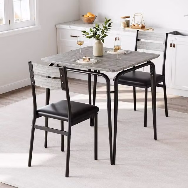 London Boutique 3-Piece Modern Wooden Kitchen Dining Table Set with 2 Grey Upholstered Chairs – 1
