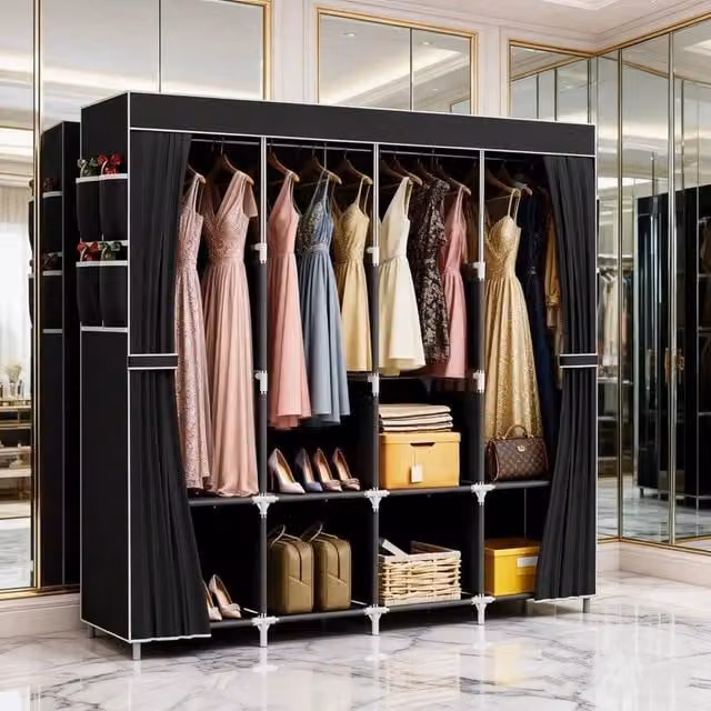 EONLION Black Fabric and Metal Freestanding Wardrobe with Hanging Rod and Internal Shelves, W: 100 cm, D: 45 cm, H: 170 cm – 1
