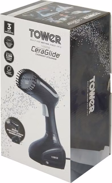 Tower CeraGlide Handheld Garment Steamer 1000W in Black with Brush Attachment