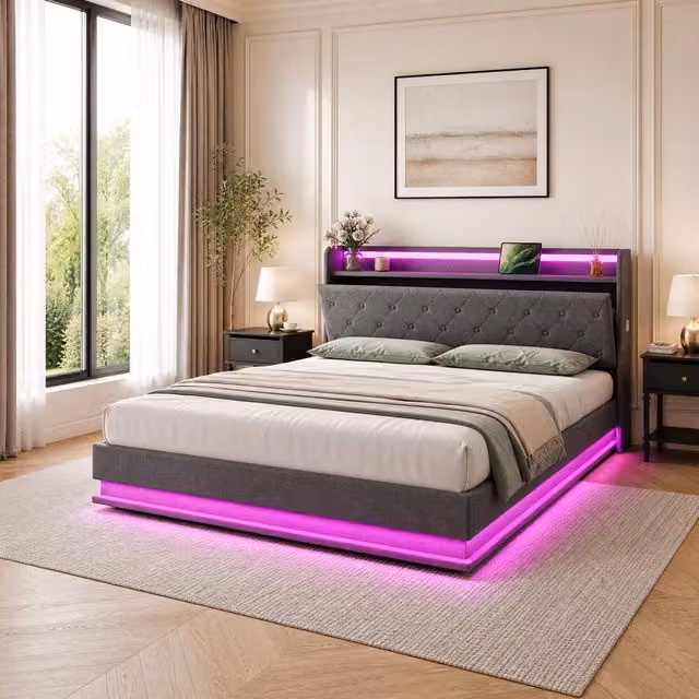 STILVORA Upholstered Double Bed Frame in Grey with Hydraulic Storage, LED Lighting and USB Charging Port, W/D/H: 140 x 200 cm – 1