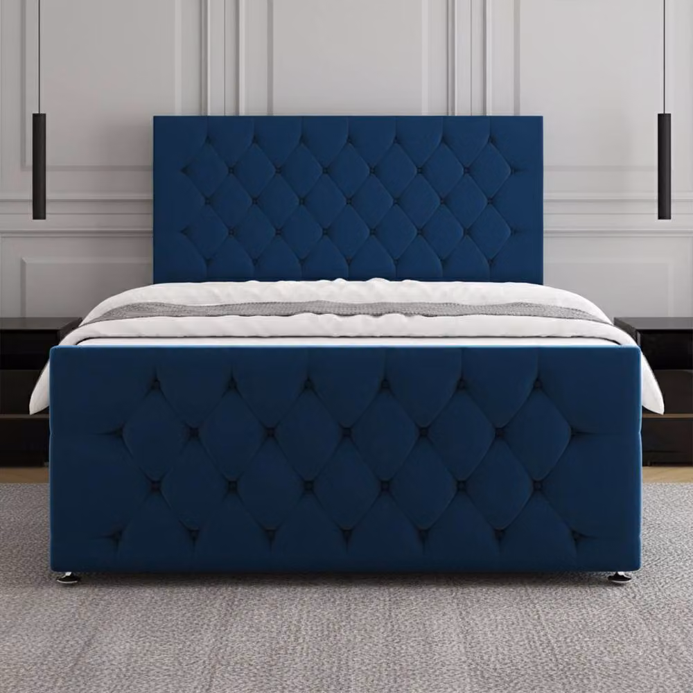 Regional Furnishings Blue Velvet Plush Divan Bed with 24 inch Headboard and 20 inch Footboard, King Size, W/D/H: 180 x 200 cm – 2