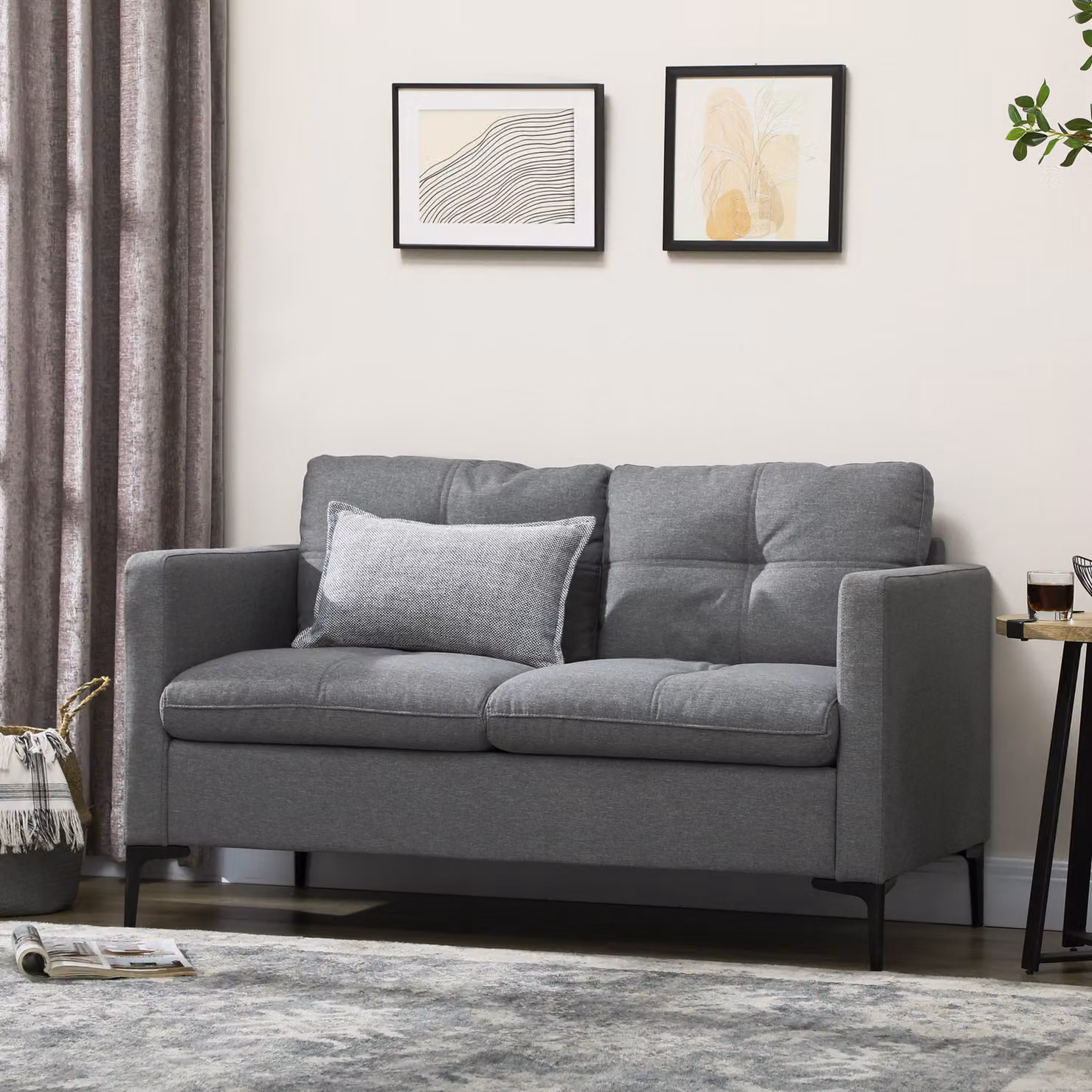 HOMCOM 2 Seater Linen Fabric Loveseat Sofa in Dark Grey with High-Density Sponge Cushions and Steel Legs – 2