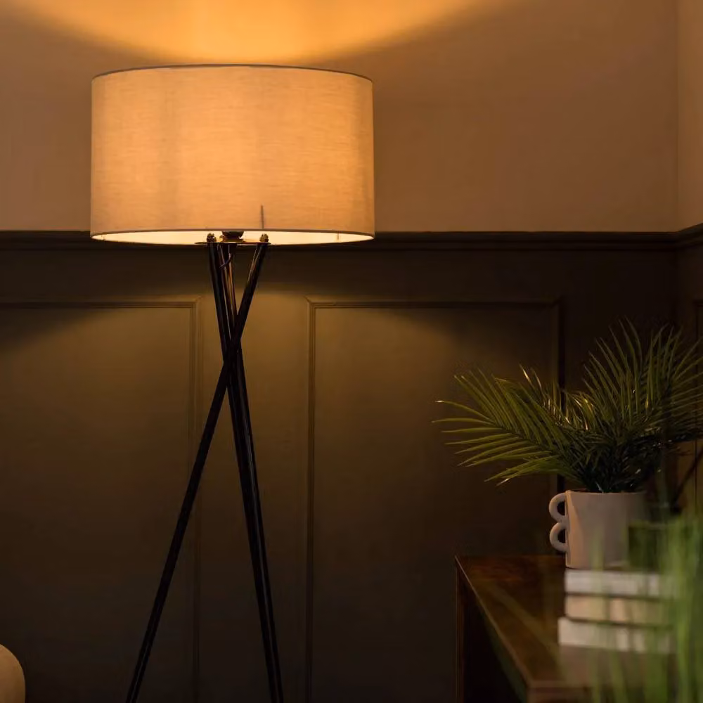 ValueLights Camden Black Metal Tripod Floor Lamp with Grey Fabric Drum Shade and LED Bulb – 3