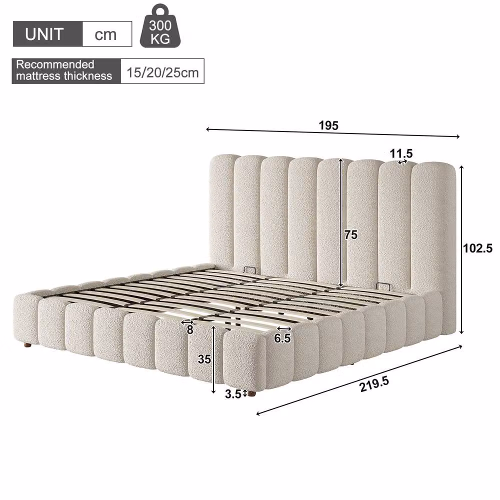 Merax White Bouclé Super King Ottoman Bed Frame with Hydraulic Storage, W/D/H: 180 x 200 cm – 2