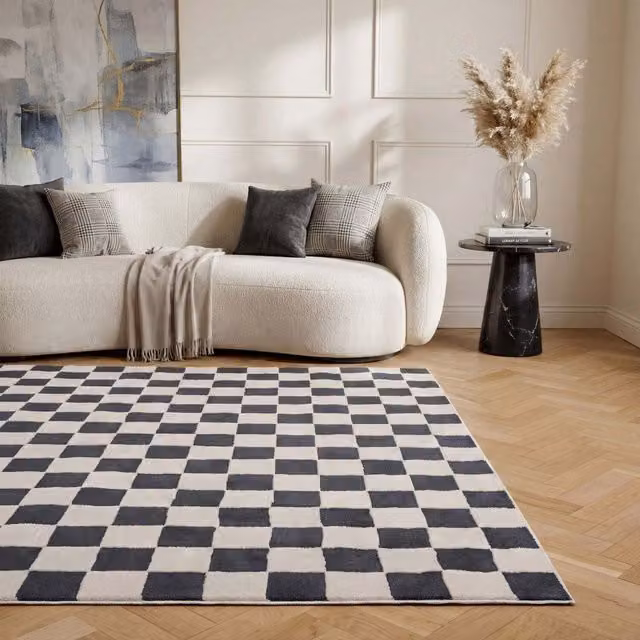The Rugs Loft Checkerboard Design Textured Runner in Grey and Blue, W: 80 cm, L: 300 cm