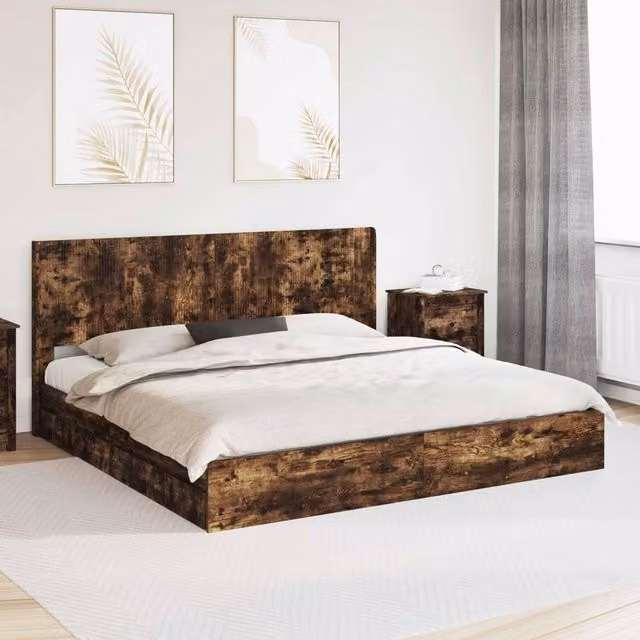 Berkfield Home Modern Bed Frame with Headboard and Lift-Up Storage in Smoked Oak Brown, W/D/H: 180 x 200 cm