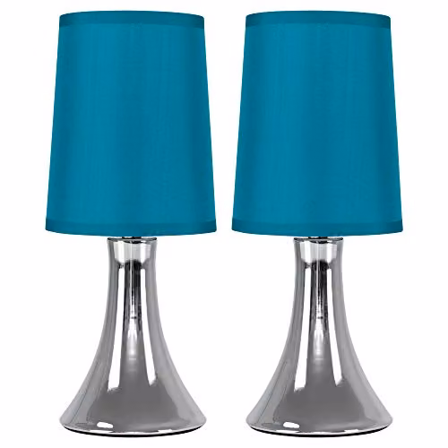 MiniSun Set of 2 Modern Chrome Trumpet Touch Table Lamps with Blue Fabric Shades – 1