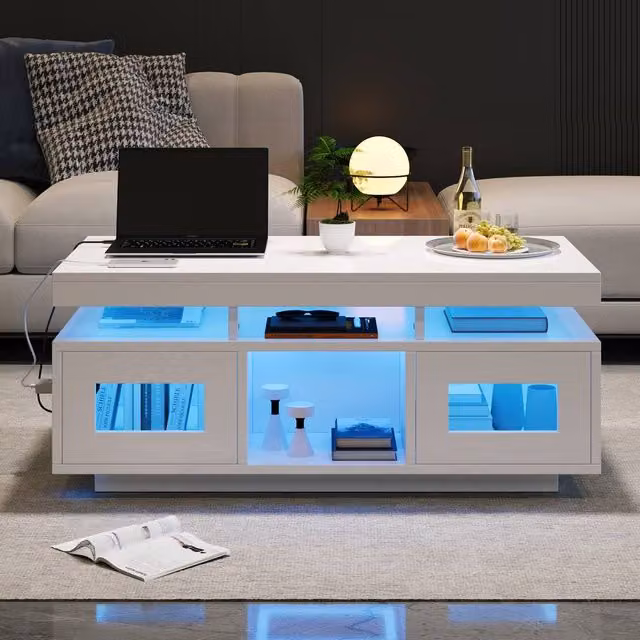Matteo High Gloss White Rectangular Coffee Table with LED Lights, USB and Storage, W/D/H: 100 x 50 x 43 cm