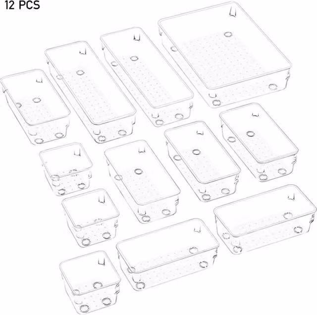Livingandhome Set of 12 Stackable Multi-Compartment Clear Acrylic Desk Organisers