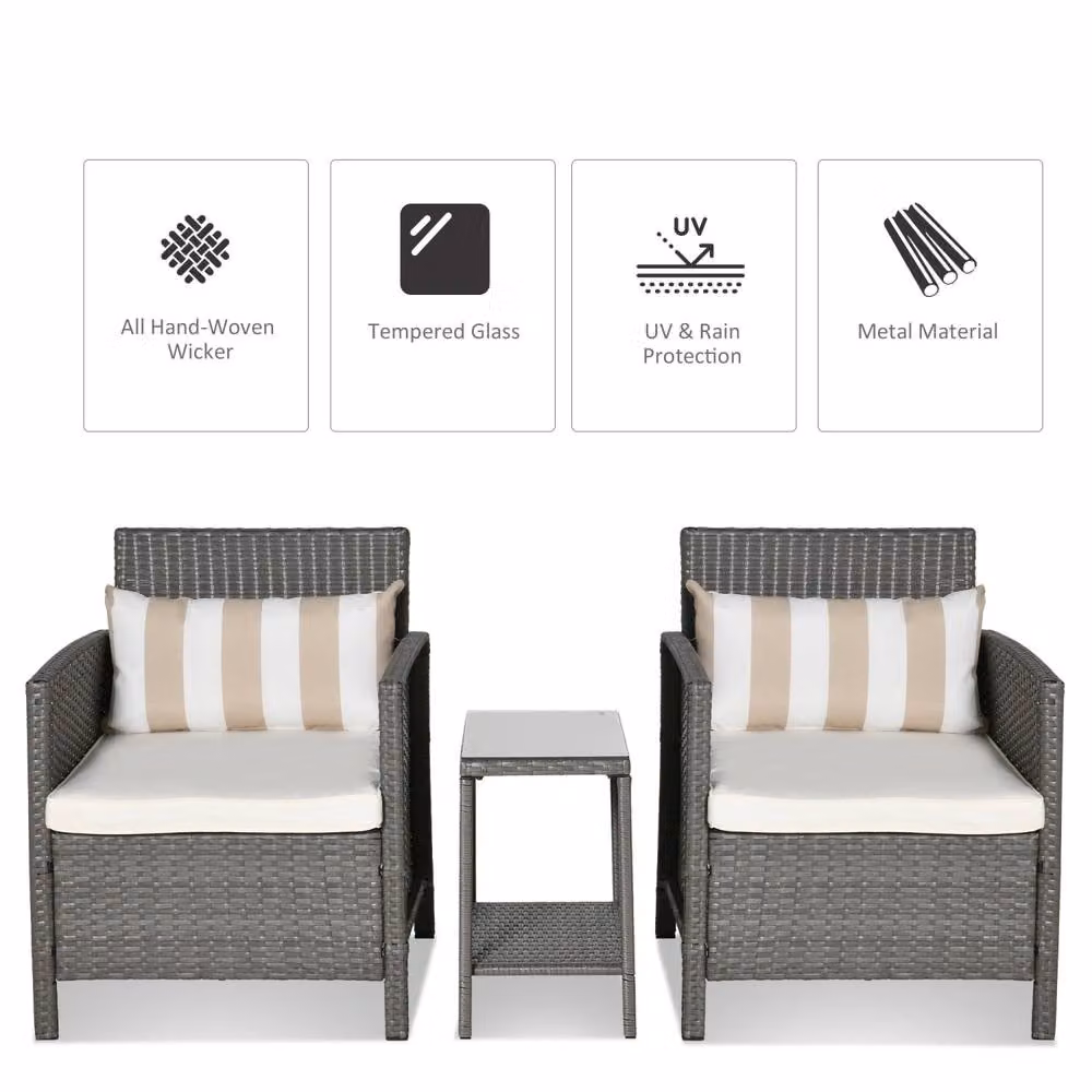 Wyld Haus Reha 3 Piece Grey Rattan Bistro Set with 2 Tier Glass Table and Light Grey Striped Cushions – 3