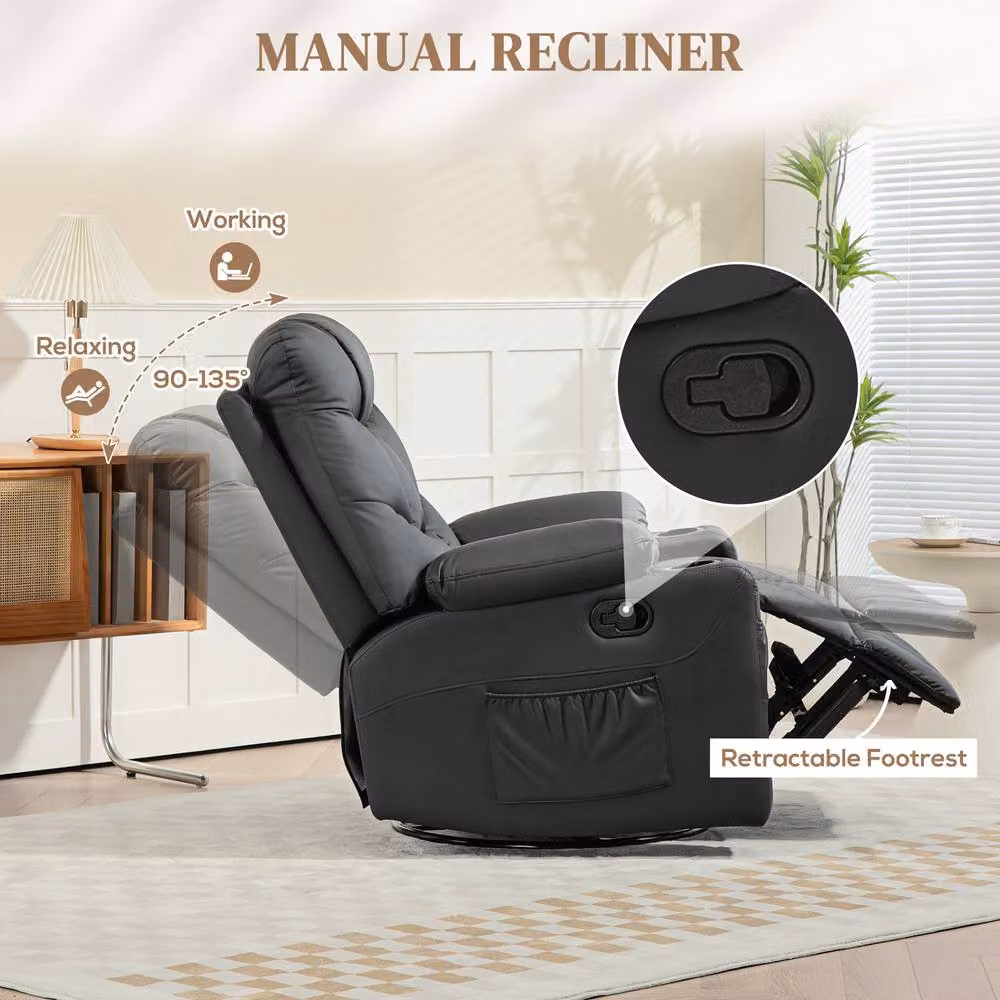 STILVORA Black Synthetic Leather Recliner Armchair with Swivel and Cup Holders – 4