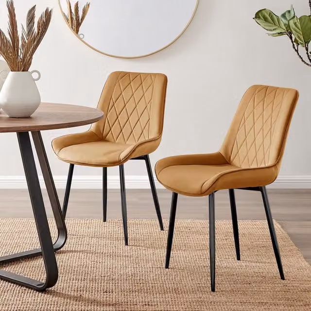 FurnitureboxUK Set of 2 Pesaro Luxury Velvet Dining Chairs with Diamond Stitched Back and Black Metal Legs in Mustard
