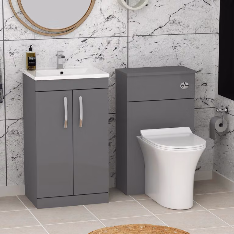 Royal Bathrooms Indigo Grey Gloss 2 Door Vanity Unit with Minimalist Basin and Slim Breeze Back to Wall Toilet Pack, Width: 100 cm