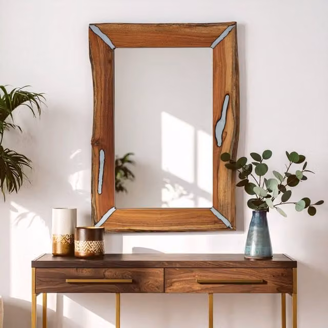 Orsina Almora Rectangular Rustic Wood and Metal Wall Mirror in Brown and Silver – 1