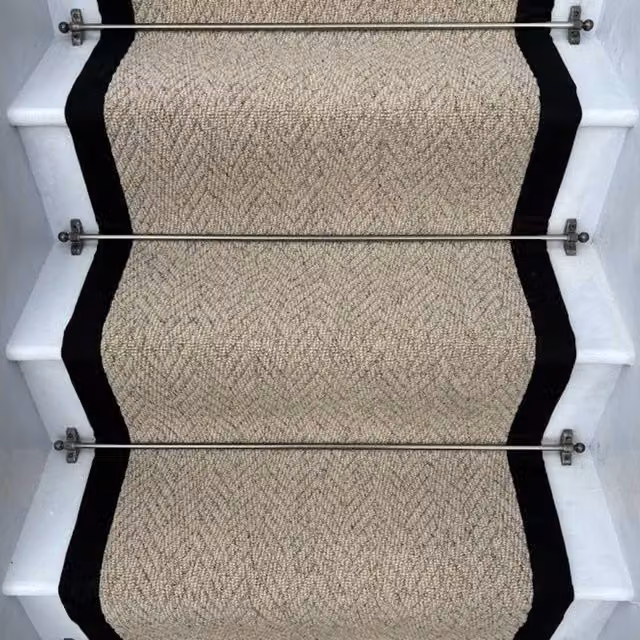 RainbowHome Herringbone Beige Biscotti Stair Runner with 100% Cotton Black Border, W: 55 cm, L: 600 cm – 1