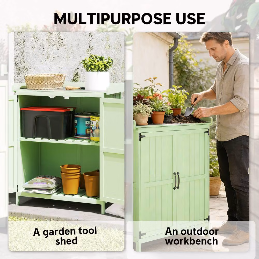 OUTSUNNY Green Wooden Garden Low Cabinet with Double Doors, Shelving and Roof Vent, W/D/H: 70 x 40 x 88 cm – 4