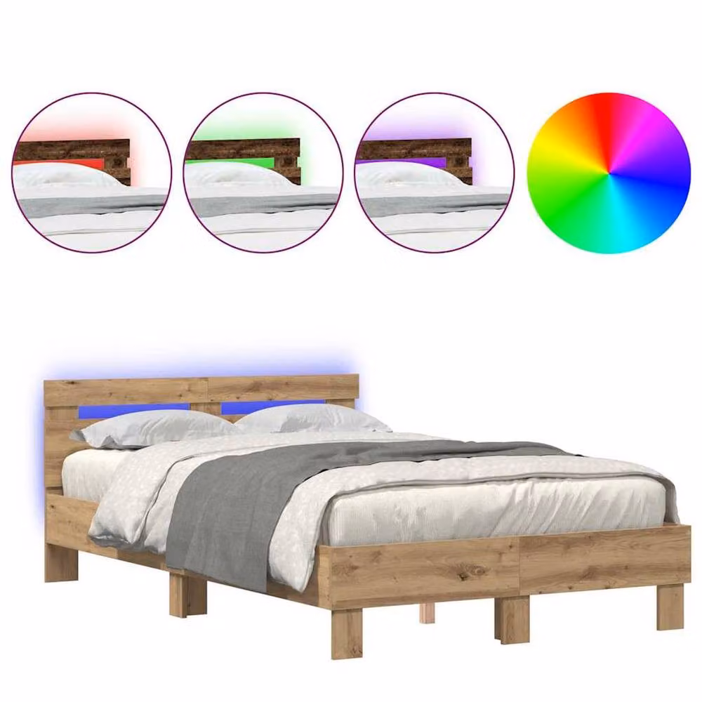 Berkfield Home Artisan Oak Bed Frame in Beige and Brown, Engineered Wood with USB Charging Port and Under-Bed Lighting, W/D/H: 120 x 193 x 70 cm – 3