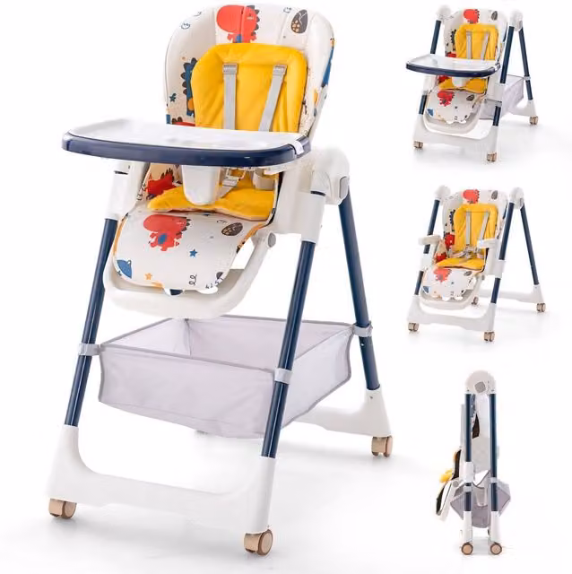 COSTWAY Folding Baby High Chair with Reclining Backrest, Yellow