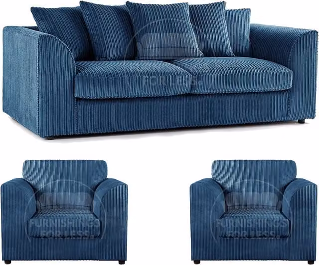 Furnishings For Less UK Luxor 3 Piece Sofa Suite in Blue Jumbo Cord Fabric with Scatter Cushions – 1