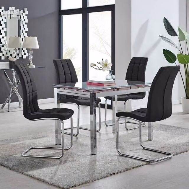 FurnitureboxUK Enna White Glass Extending Rectangular Dining Table and 4 Black Murano Chairs