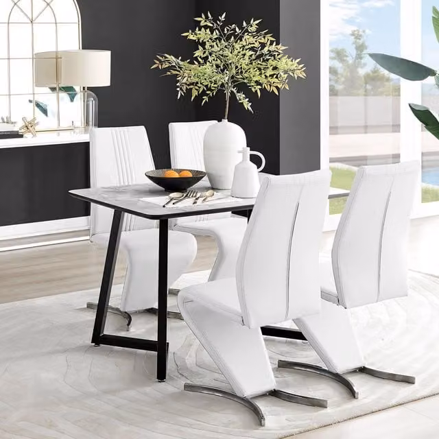 FurnitureboxUK Carson White Marble Effect Dining Table and 4 Willow Chairs in White and Black – 1