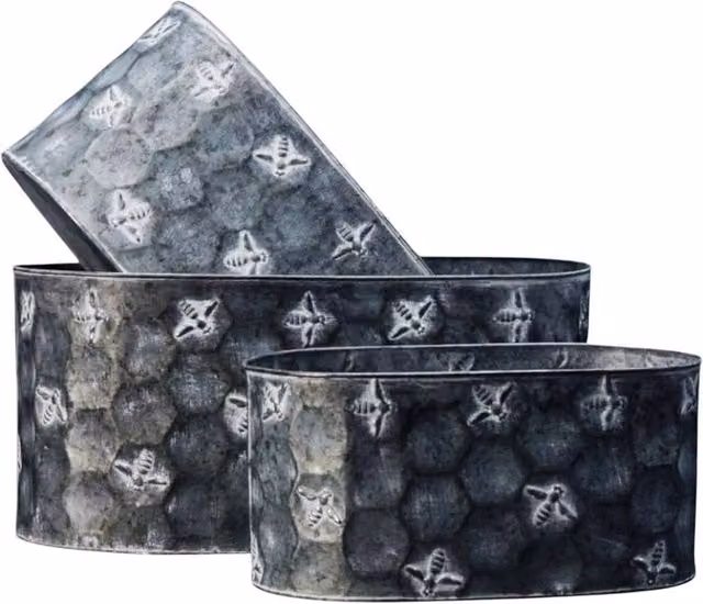 Four Candle Set of 3 Galvanised Steel Bee Embossed Oval Planters in Grey, W: 25.0 cm, D: 20.0 cm, H: 3.0 cm – 1