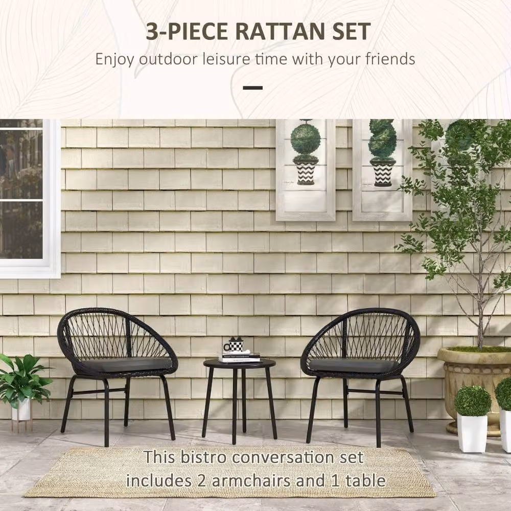 Wyld Haus Lukeno 3 Piece Black Rattan Bistro Set with 2 Chairs and Round Coffee Table – 3