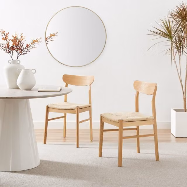 FurnitureboxUK Set of 2 Bonnie Oak and Veneer Wood Scandinavian Kitchen Dining Chairs in Brown and Beige