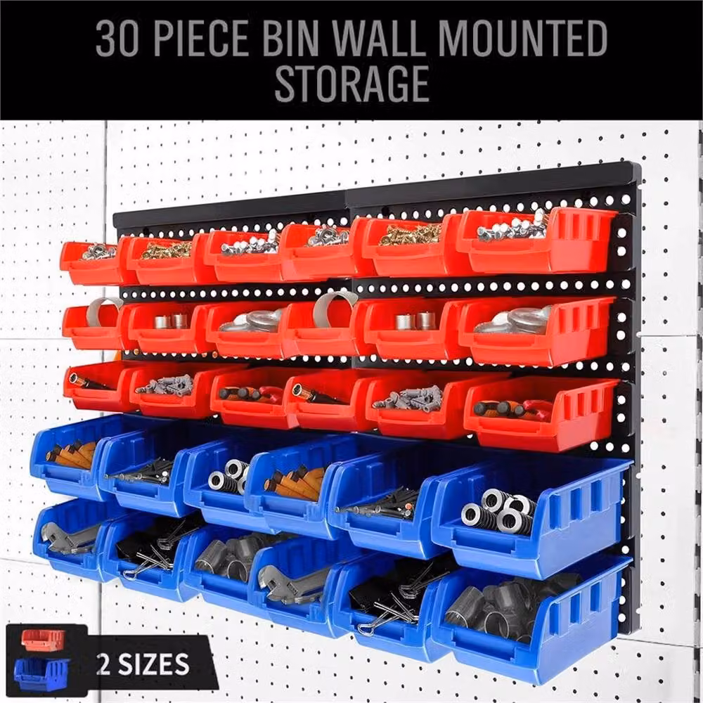 NESTLUNE 30-Piece Multicolour Wall Mounted Garage and Workshop Storage Bins, Plastic, Width: 52 cm, Height: 30 cm, Depth: 5.2 cm – 5