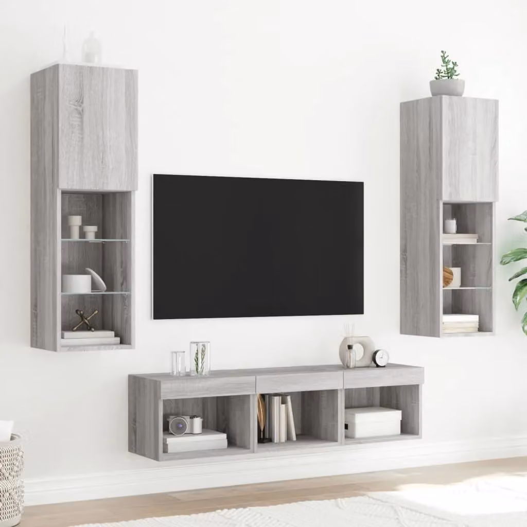 Berkfield Home 5 Piece Modern Wall Mounted TV Unit Set with Integrated LED Lighting in Grey Sonoma Matt Finish – 2
