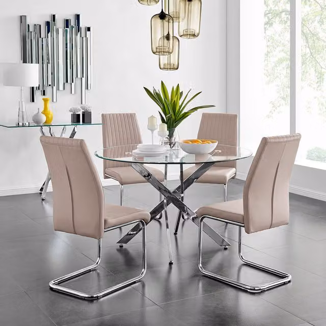 FurnitureboxUK Novara Round Glass Dining Table and 4 Lorenzo Chairs Set in Cappuccino with Chrome Metal Frame, Diameter: 120 cm