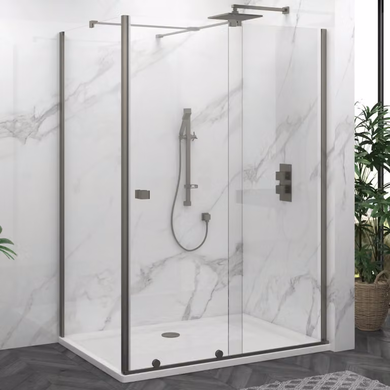 Luton Sliding Shower Screen Enclosure with Acrylic Tray, Gun Metal Grey, W: 150 cm, H: 195 cm, Glass Thickness: 8 mm