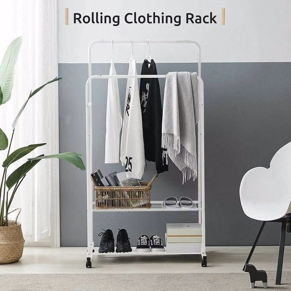 PAWNORA Large Rolling Clothes Rail in White Metal with Continuous Linear Rail – 3