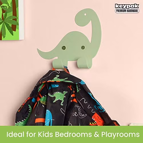 keypak Kids Dinosaur Double Coat Hooks, Green Metal Wall Mounted Decor – 2