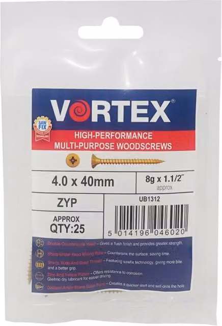 Vortex Multi-Purpose Woodscrews ZYP CE 5.0 x 70mm, Yellow, Box of 125