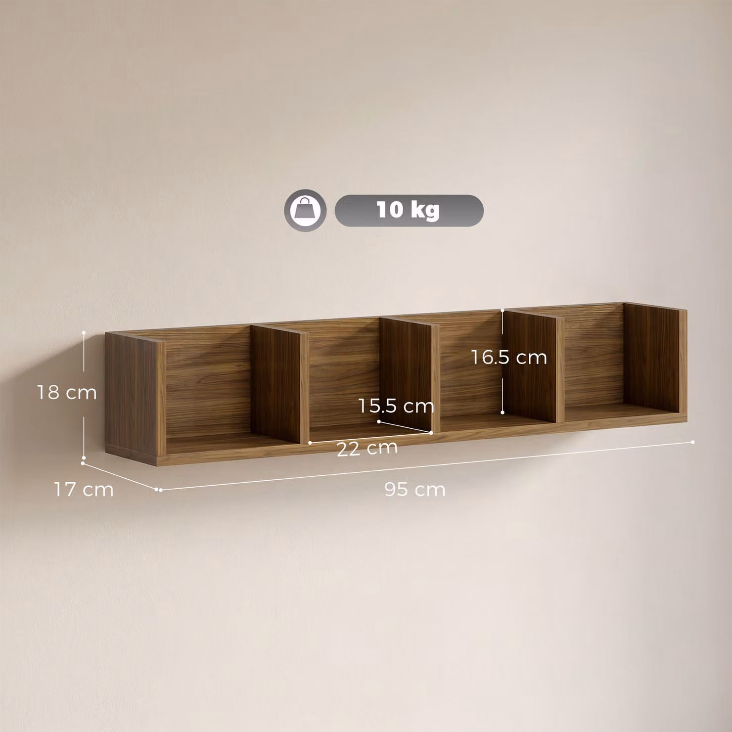 HOMCOM Wall Mounted Wooden Media Storage Rack with 4 Cubes for CD, DVD and Blu-ray, Walnut Brown – 3