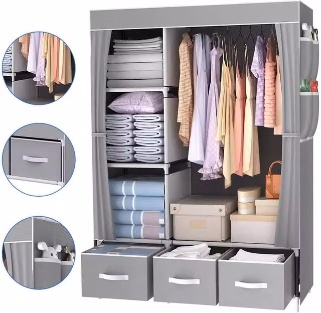 KORVIXA Fabric Canvas Closet with Hanging Rod and Shelves in Grey, W/D/H: 100 x 100 x 100 cm – 1