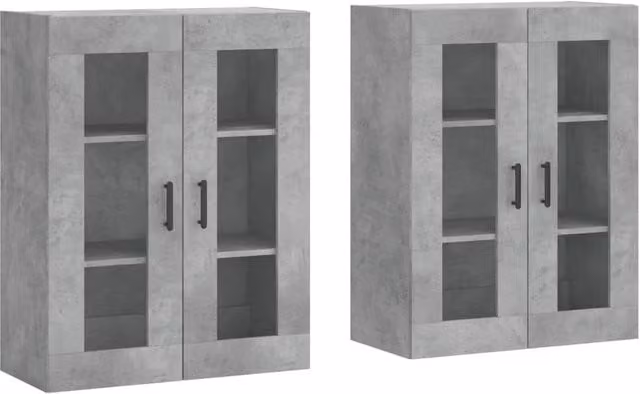 Berkfield Home Set of 2 Wall Mounted Cabinets in Concrete Grey with Glass Doors and Internal Shelves