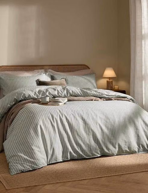YARD Marlow Striped Pure Cotton Duvet Cover in Sage Green Mix