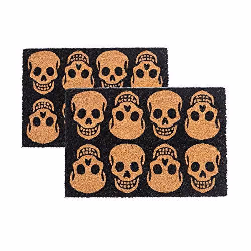 Nicola Spring Halloween Skulls Coir Door Mat Set of 2, Brown and Multicolour, W: 60 cm, D: 40 cm, H: 1.5 cm