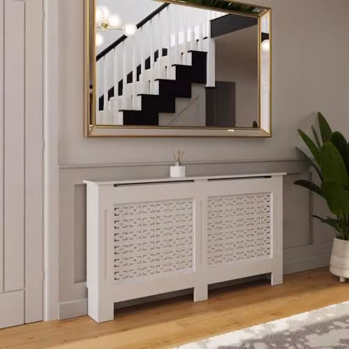 FWStyle White Geometric Large Radiator Cover Shelf Cabinet, W/D/H: 152 x 82.3 x 19 cm – 2