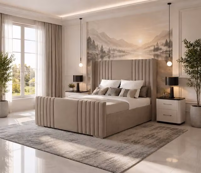 K Mehmood Enterprise Ltd Luxury Modern Upholstered Velvet Divan Bed Set with Mattress and Headboard in Mink Brown and Beige, W/D/H: 150 x 200 cm