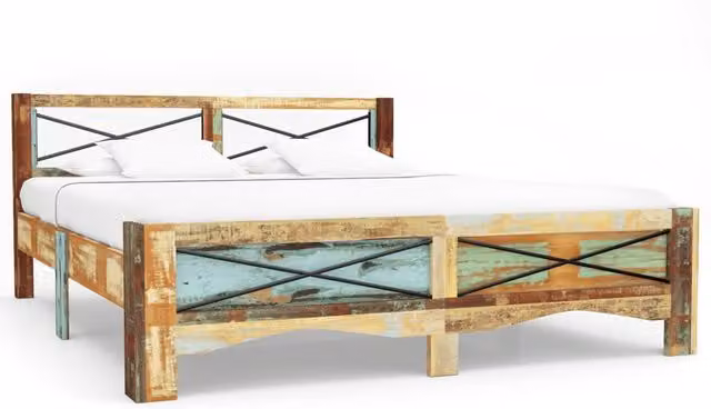 Berkfield Home Solid Reclaimed Wood Bed Frame in Antique Multicolour, W: 140 cm, L: 200 cm