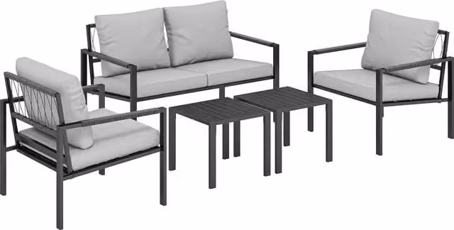 Outsunny 5 Piece Metal Garden Furniture Set in Grey with Upholstered Cushions, 2 Seater Sofa, 2 Armchairs and 2 Coffee Tables