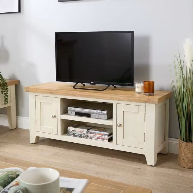 Home Source White Wooden TV Stand with 2 Doors and 2 Shelves, W: 120 cm, D: 37 cm, H: 50 cm