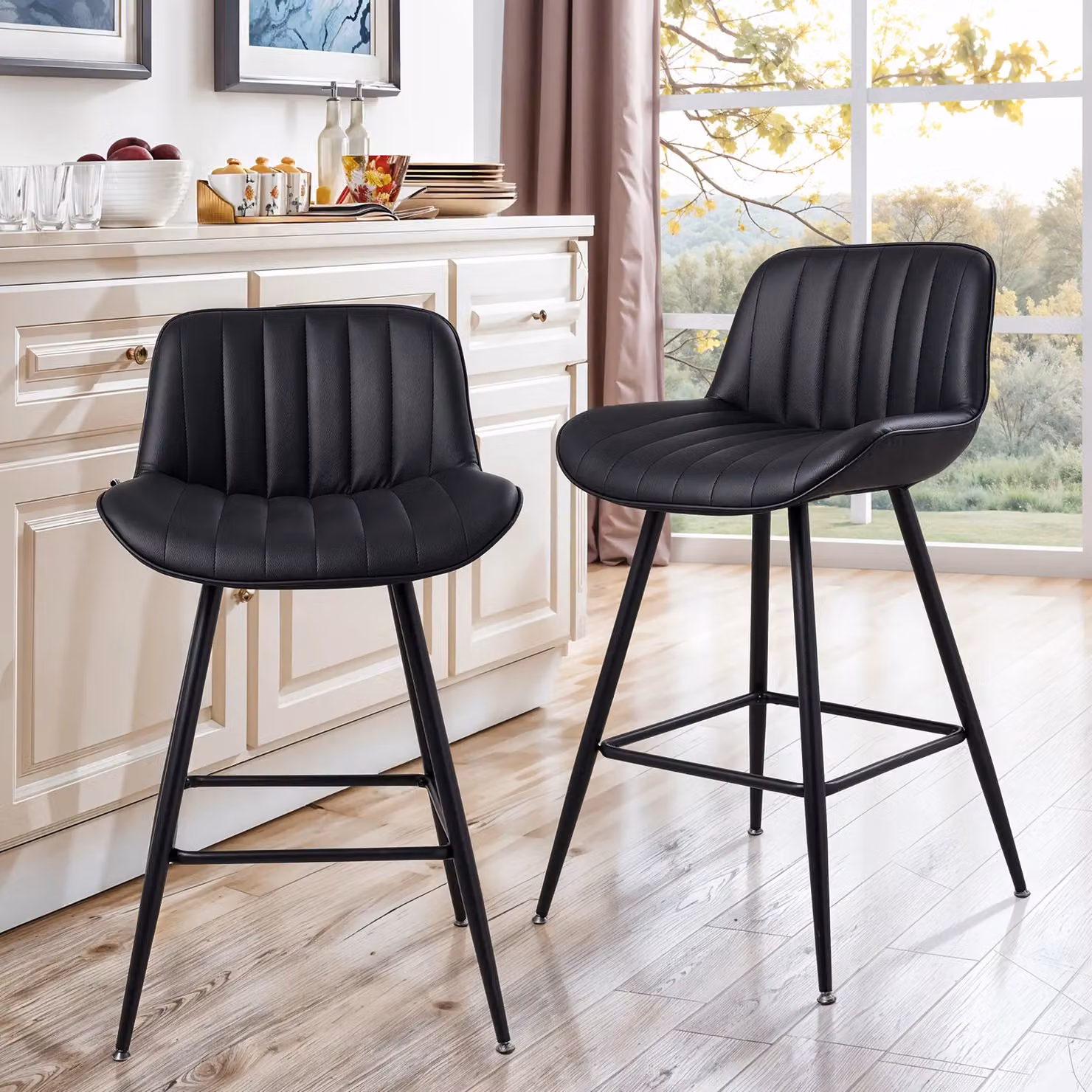 Living and Home Set of 2 Black PU Leather Upholstered Bar Stools with Striped Minimalist Design – 2
